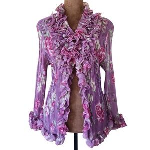 Jaipur Vintage Y2K Purple Floral Ruffle Size L Regency Blouse Sequin Pleated